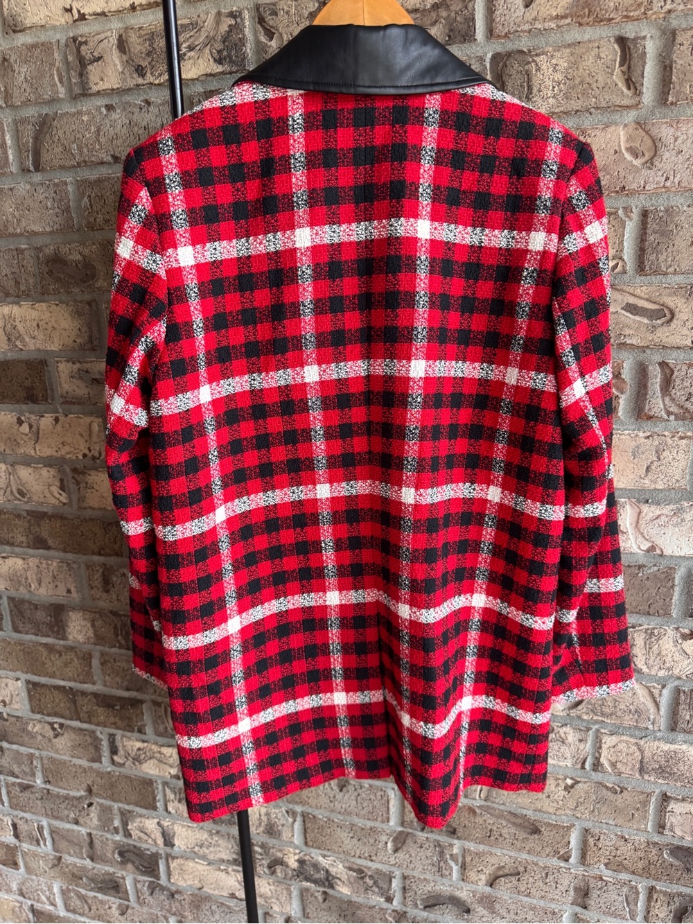 Karl Lagerfeld Paris Plaid Faux Leather Trim Long Blazer Jacket Size 10 - Picture 7 of 16